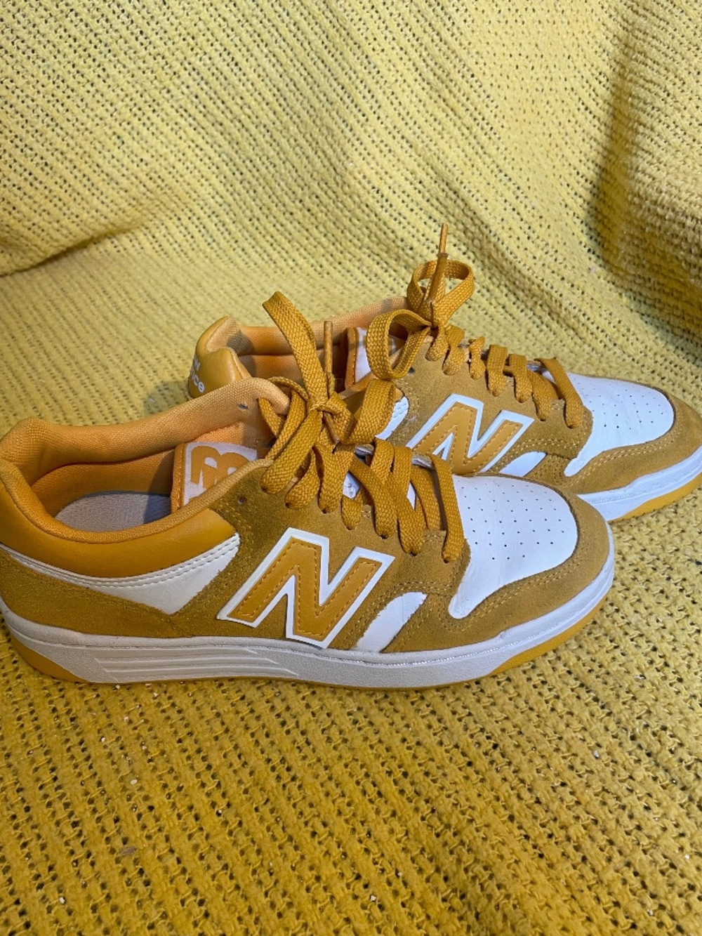 New Balance 480 Mustard Yellow & White Leather Suede Sneakers | Women's 7 - Picture 4 of 9